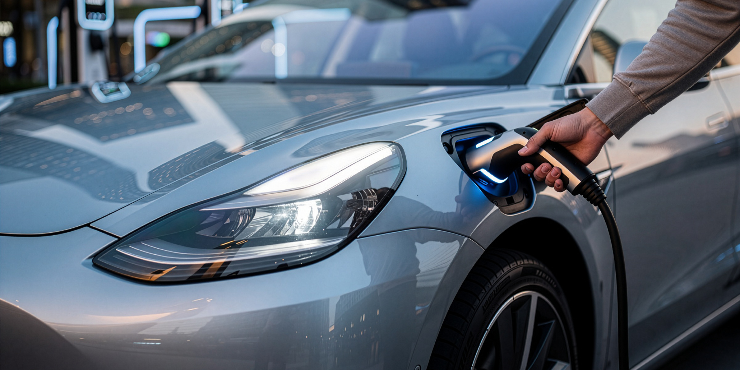 E-Auto mit Hand am Ladekabel